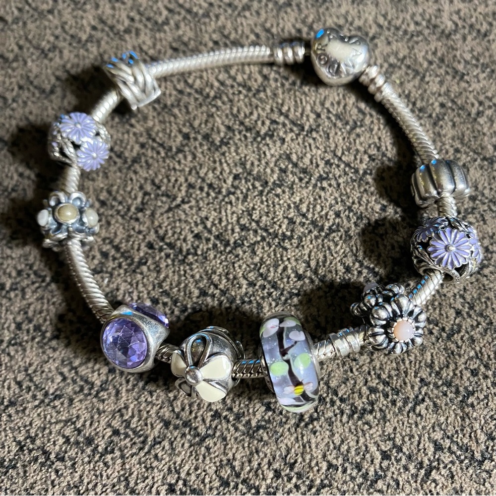 Pandora “Purple Floral” 7.9” Bracelet & 9x Pandora Charms